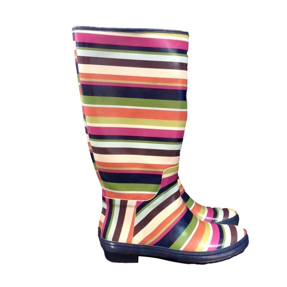 COACH Multi Stripe Mid Calf Rain Boots w Low Heel and Navy Lining Sz 7 - Picture 5 of 12